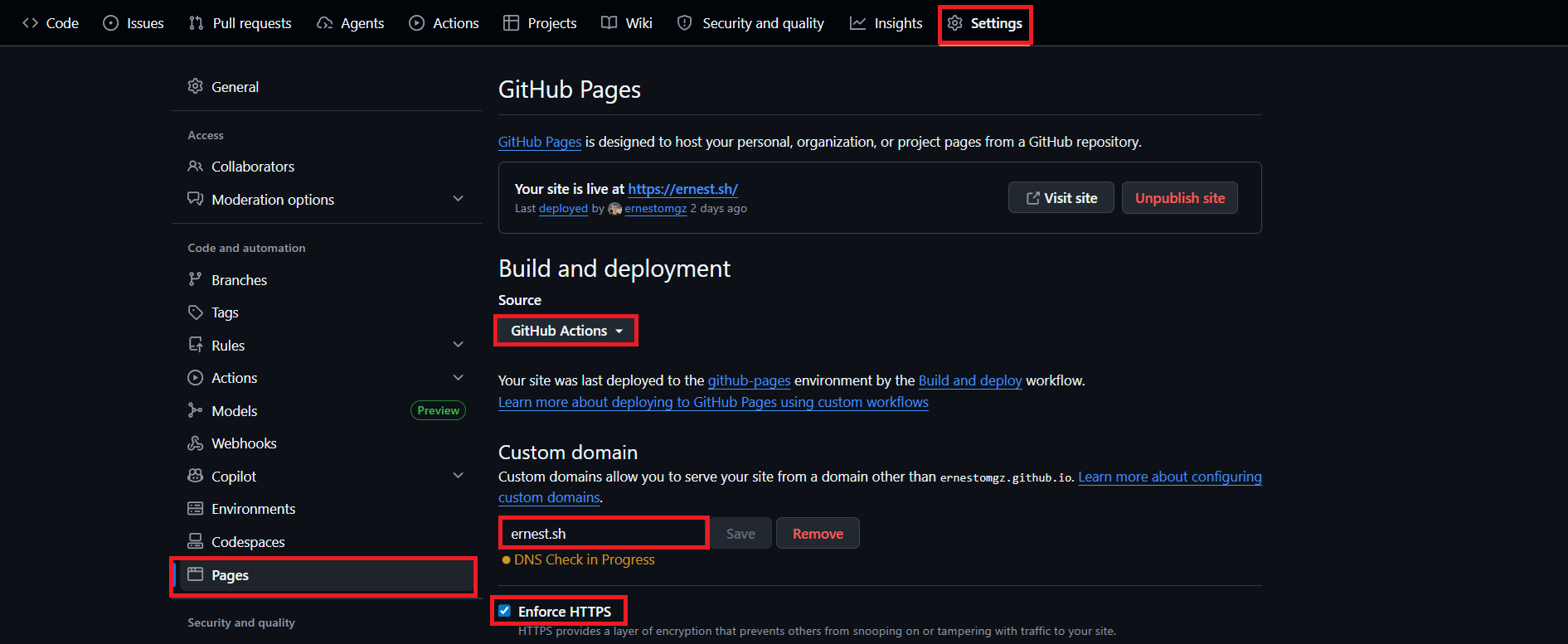 GitHub Pages source set to GitHub Actions